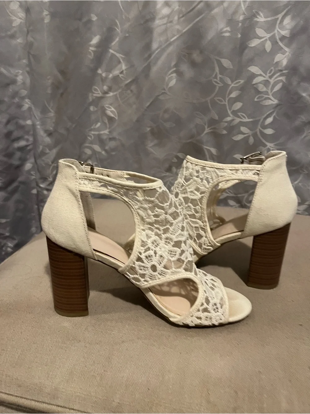 Fergie Cream Lace Peep-Toe Block Heel Sandals